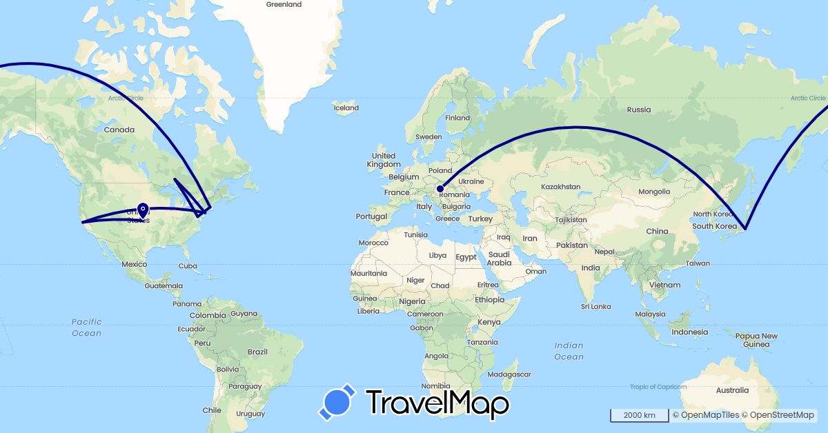 TravelMap itinerary: driving in Canada, Hungary, Japan, United States (Asia, Europe, North America)